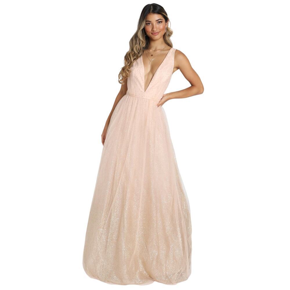 New Maniju RILEY Dress Maxi Long Gown Blush Glitter Tulle Prom Bridesmaid Sz M